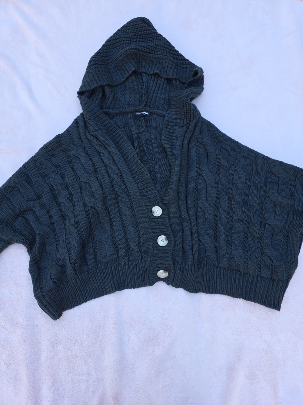Fashion Nova Dark Green Cable Knit Cropped Hooded Cardigan Sweater Size M